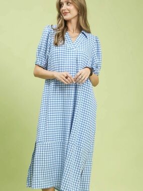 Blue Gingham V-Neck Midi Dress
